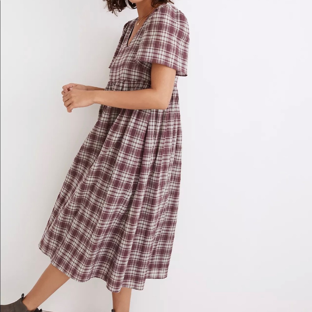 Madewell Plaid Midi Dress in Burgundy and Cream - Picture 2 of 5